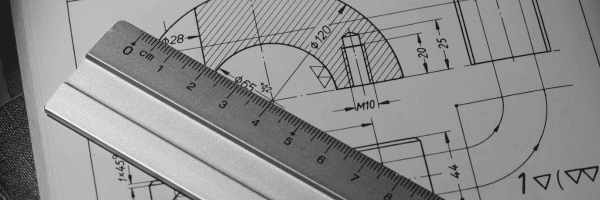 CAD-Konstruktionszeichnung mit Bemaßung, Symbolbild für Digitalisierung im Maschinenbau